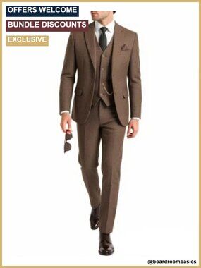 Mens 3 Piece Tweed Suit Herringbone Slim Fit Blazer Vest Pants Formal